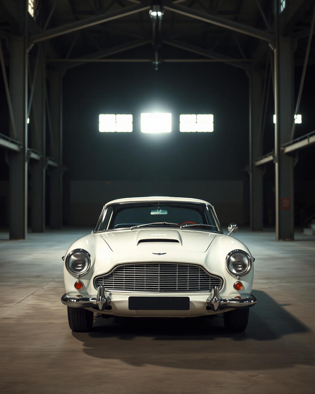 White Aston Martin DB5 in warehouse