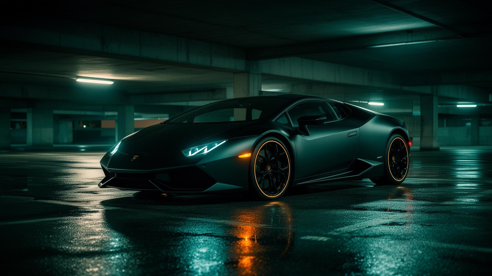 Matte black Lamborghini Huracán in a moody parking garage